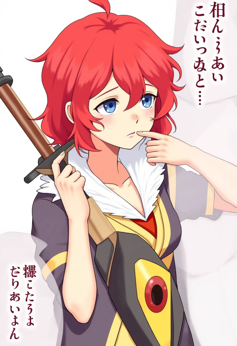 female, detailed, red hair, blue eyes, tr4nsist0r, humming a song, sad looking at viewer, holding weapon, sword