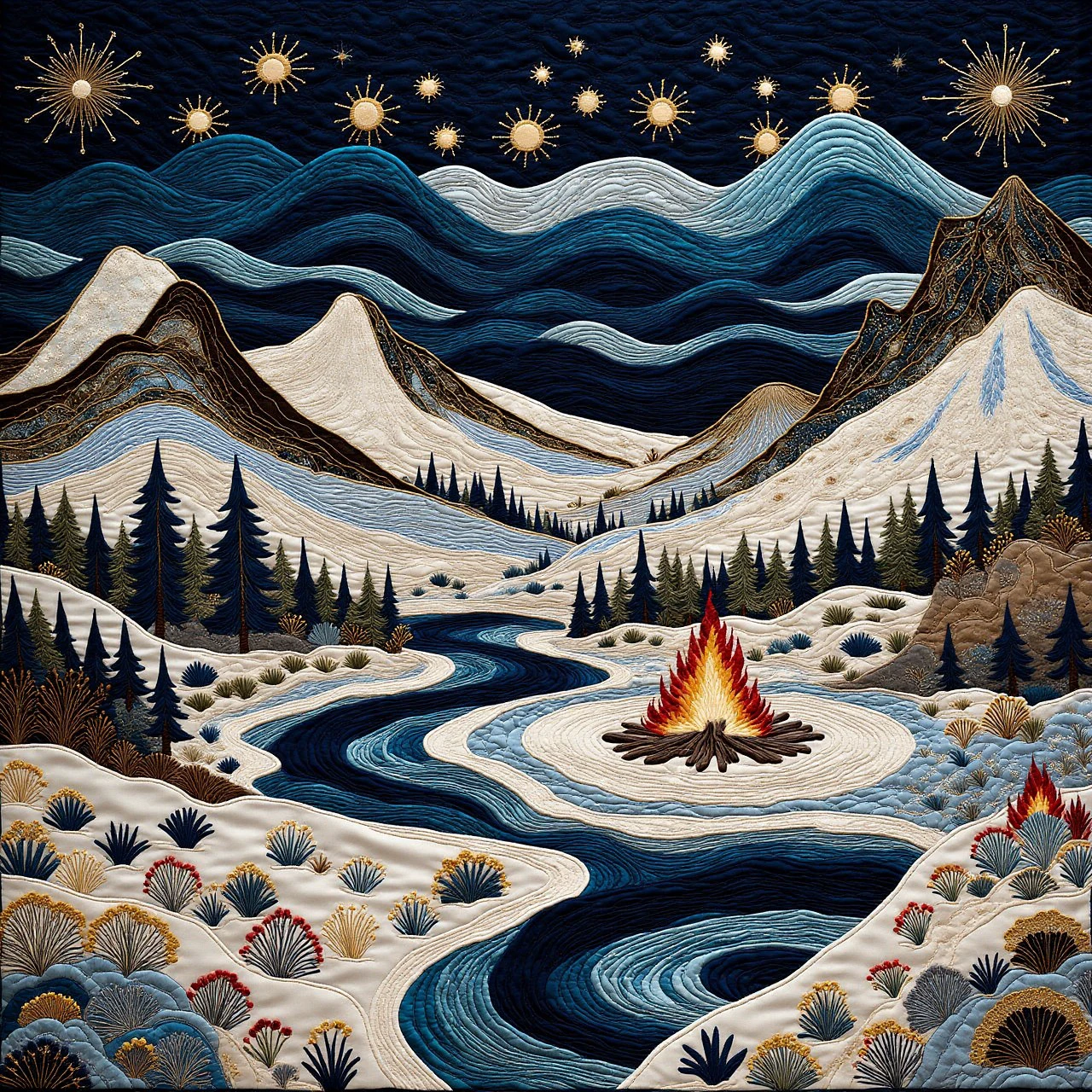 cs-qu1lt arctic landscape, flares, bonfire <lora:Embroidered_Quilting_Flux:1>