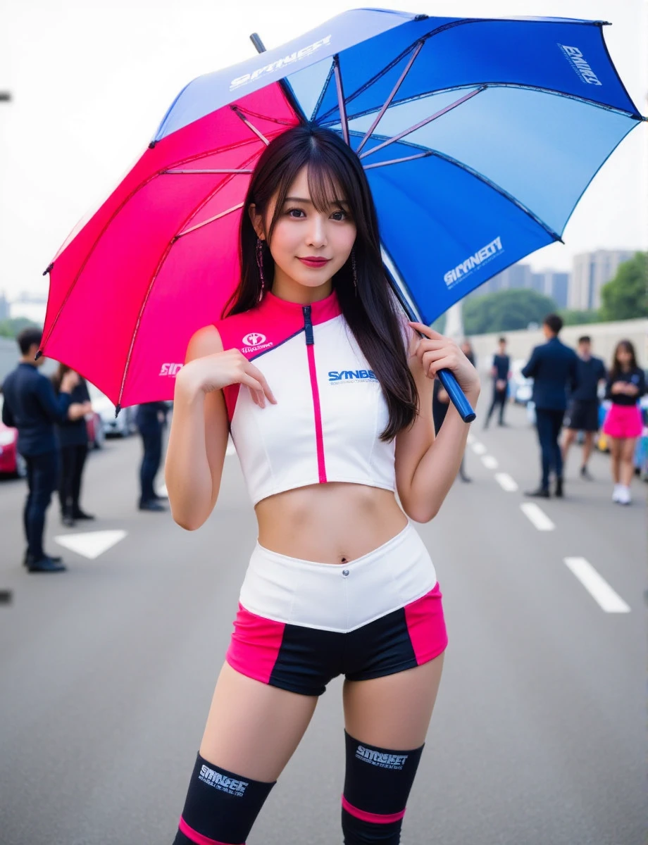 holding a large pink and blue umbrella.  She has long dark hair and is posing with one hand on her hip and the other holding the umbrella with the other. there are several race cars and spectators.,(clothing has spawner logo "toyota" and"GAT1":1.5),race queen,sleeveless,beautiful japanese girl,dynamic angle,<lora:Flux_race_queens:1.2>,<lora:anzu-flux-lora:0.6>,20 years old,pantyhose,, detailed skin texture, (blush:0.5), (goosebumps:0.5), subsurface scattering