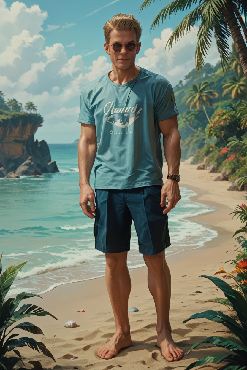 score_9, score_8_up, score_7_up, score_6_up
<lora:AWAlex:1.0>
AWAlex, 1boy, blonde hair, looking at viewer, full-body shot, sandy beach, male model with a muscular build, wearing casual linen shirt, sunglasses, crystal clear water, tropical island in the background