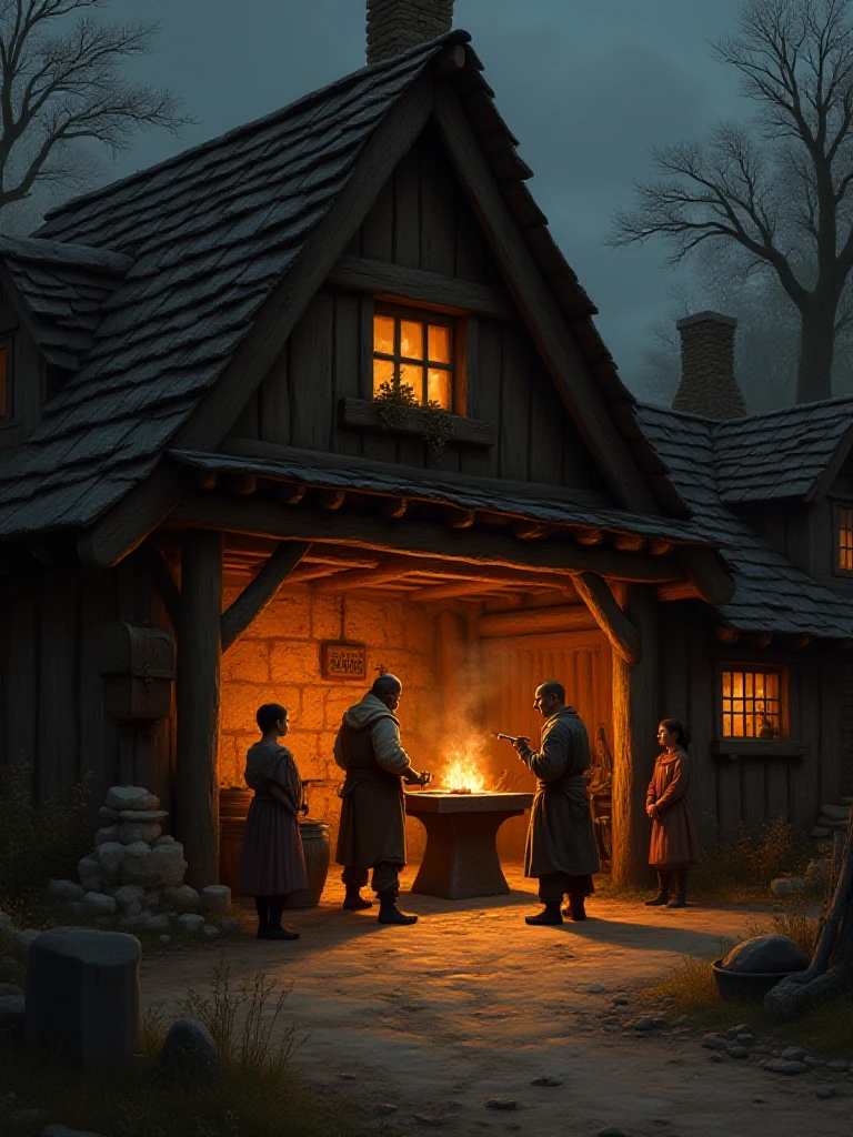 A rustic blacksmith's forge at the edge of a village, glowing with the warmth of the fire inside. The blacksmith, a strong and rugged figure, hammers away at a piece of glowing metal on the anvil. His apprentice, a young boy, watches intently, while a curious merchant and his daughter stand at the entrance, observing the craftsmanship. Outside, a group of children play in the dirt road, their laughter echoing through the village. , xplus  <lora:XPlus_fairy_v1:1>