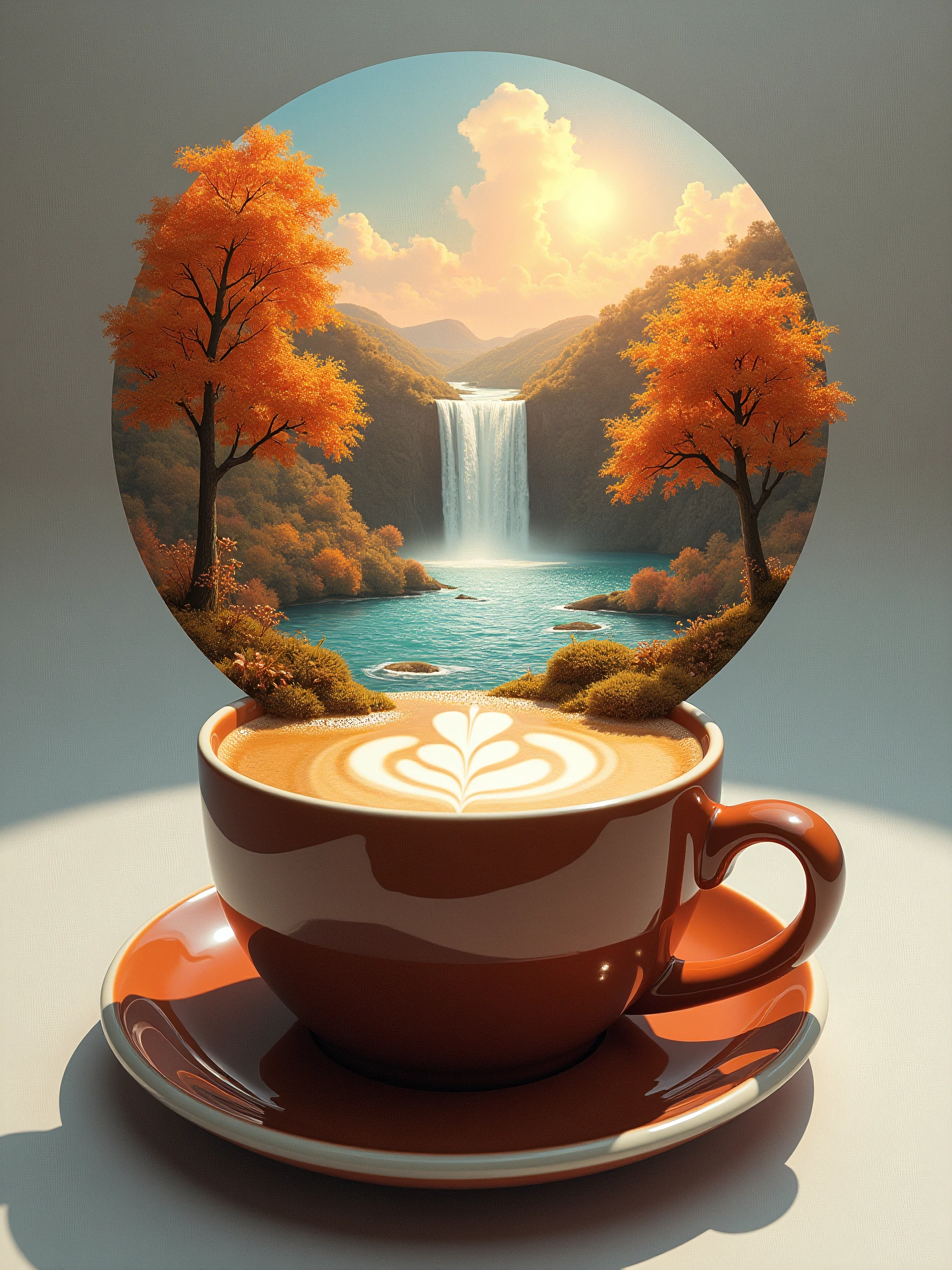 fluxlatte, a landscape with a waterfall in a cup of coffee