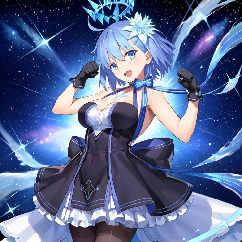 1girl, solo, space_ciel, ahoge, blue eyes, short hair, light blue hair, chest mark, large breasts, halo, dress, gloves, hair ornament, black gloves, pantyhose, bare shoulders, bow, black dress, ribbon choker, cowboy shot, facing viewer, open mouth, cowboy shot, (paw pose:1.1),
BREAK score_9, score_8_up, score_7_up, masterpiece,
<lora:ciel_summer_fgo:0.8>