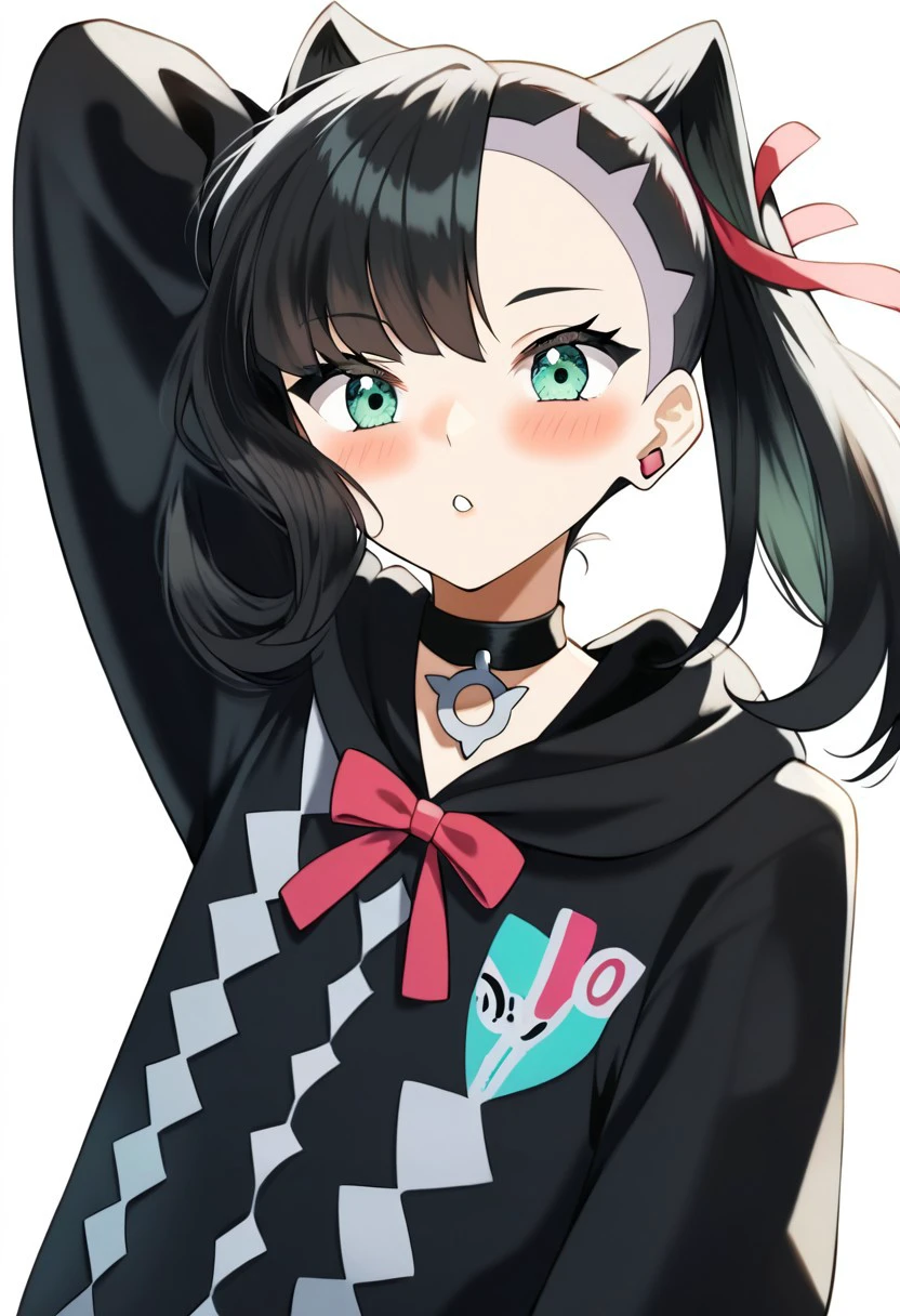 score_9, score_8_up, score_7_up, source_anime, hi res, masterpiece, best quality, highres, rkanime_ps, 1girl, solo, black hair, bangs, white background, hood, blush, looking at viewer, cosplay, choker, asymmetrical bangs, red ribbon, detached sleeves, ribbon, simple background, black choker, hair ribbon, upper body, jewelry, earrings, sleeves past wrists, arm up, sleeveless hoodie, long hair, long sleeves, hoodie, parted lips, alternate costume, green eyes, ChopioMarnie, black hair, medium hair, twintails, undercut, pink hair ribbon, asymmetrical bangs, aqua eyes, eyelashes, pink earrings, looking at viewer, black nail polish,