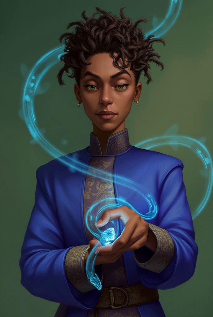 wotr_portrait, 1boy, male focus, solo, realistic, brown skin, dark skin, brown hair, dreadlocks, wizard, snake, pet, young, summoner, slit eyes, green eyes, blue robe