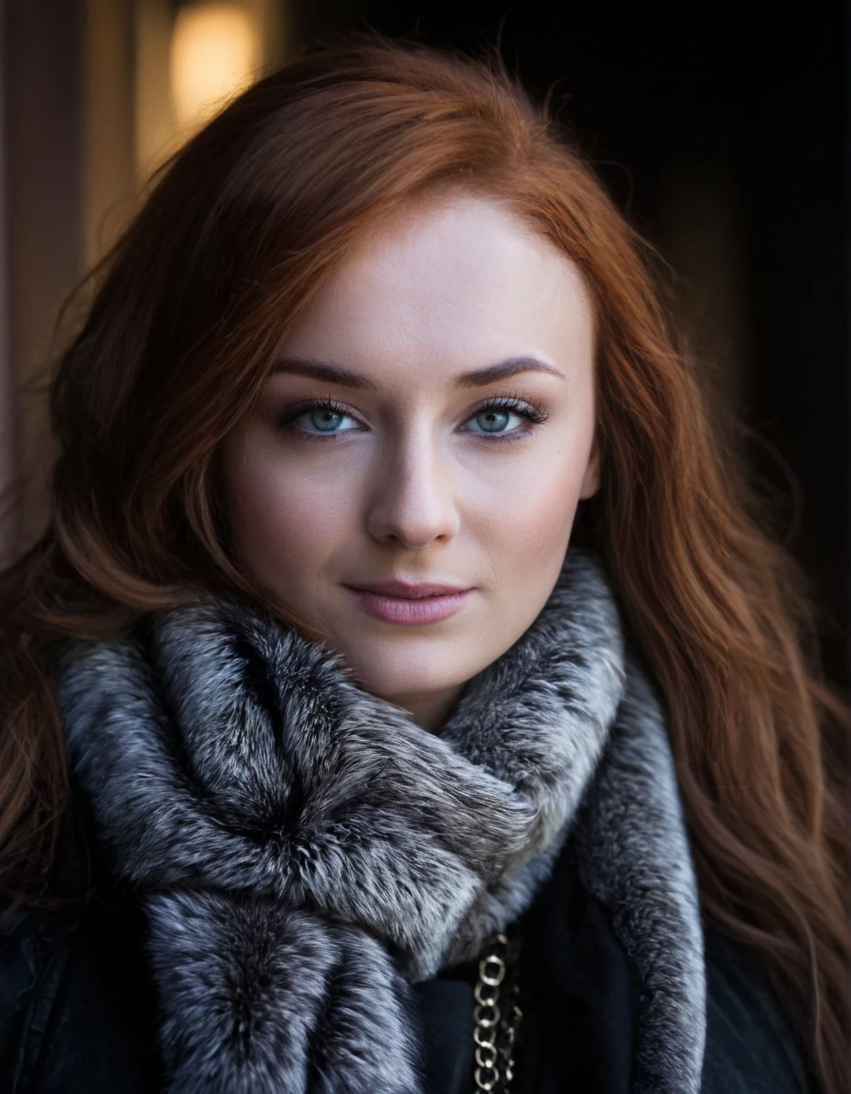 <lora:SansaStark_SDXL_V1.2:1>,.SansaStark,realistic eyes,ginger hair,fur scarf,look at viewer,portrait,smile,hair over one eye,smile, low key photography, dramatic lighting, deep shadows, rich contrast, moody atmosphere, intense emotions, cinematic feel, mysterious ambiance, emphasizing shape and form, creating depth, evoking drama, storytelling through shadows, professional technique