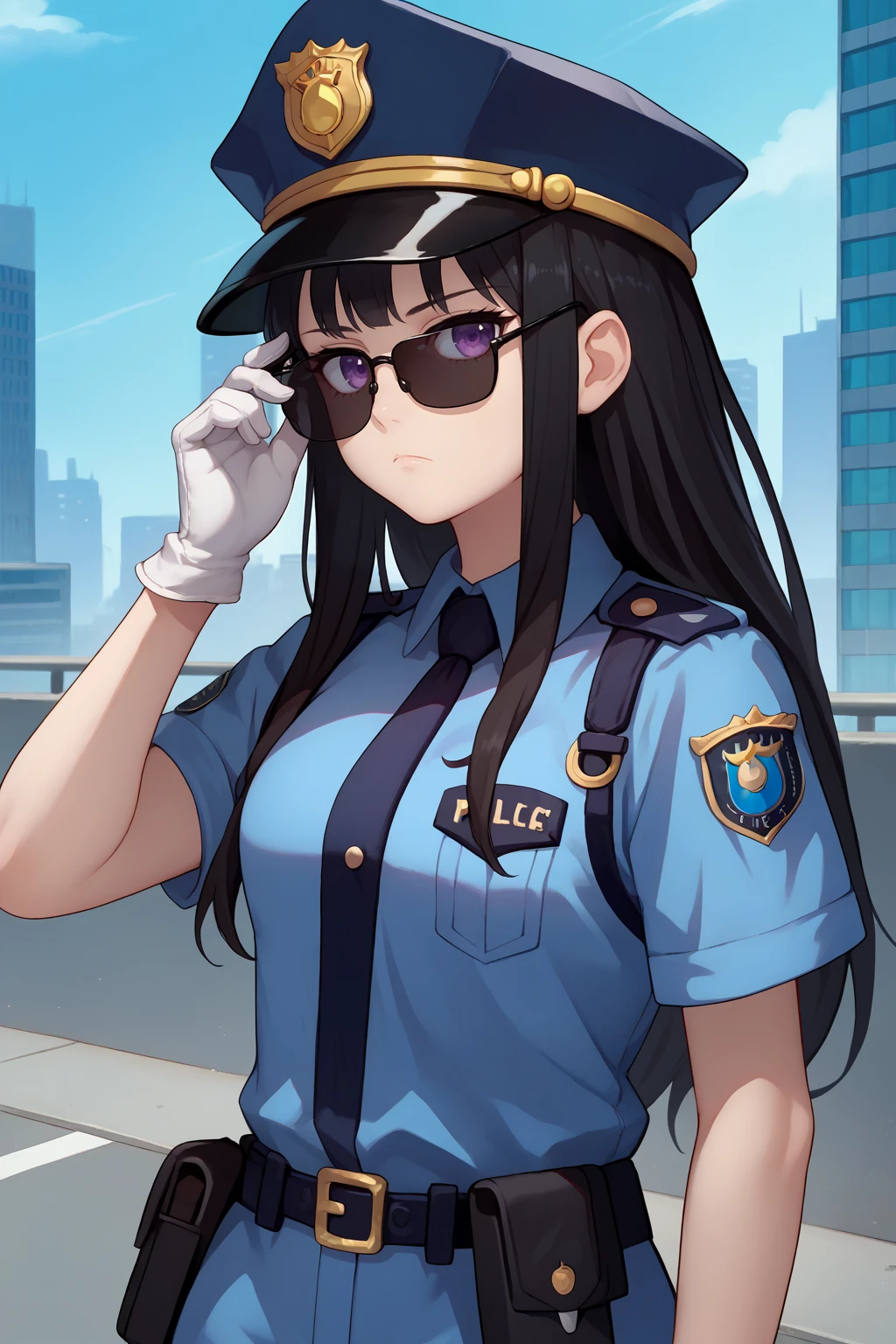 score_9, score_7_up, source_anime, cowboy shot, looking at viewer, expressionless, inetkn, long hair, black hair, purple eyes, black sunglasses, police uniform, police hat, white gloves, adjusting eyewear, outdoors, city, <lora:Hoseki_LycorisRecoil_TakinaInoue_PDXL_v1:1>