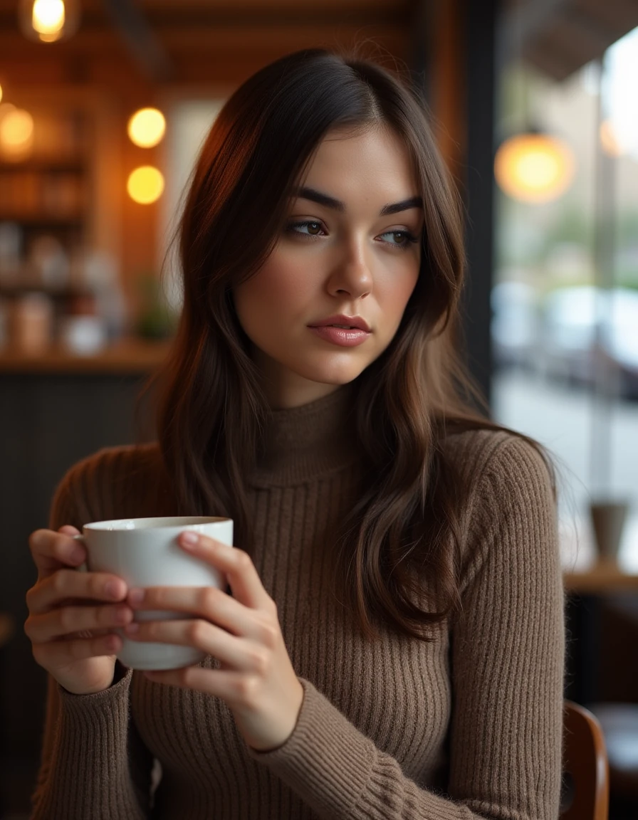 <lora:Sasha_Grey_Flux:1> realistic photo of sashagrey wearing a sweater dress in a cafe having a coffee.