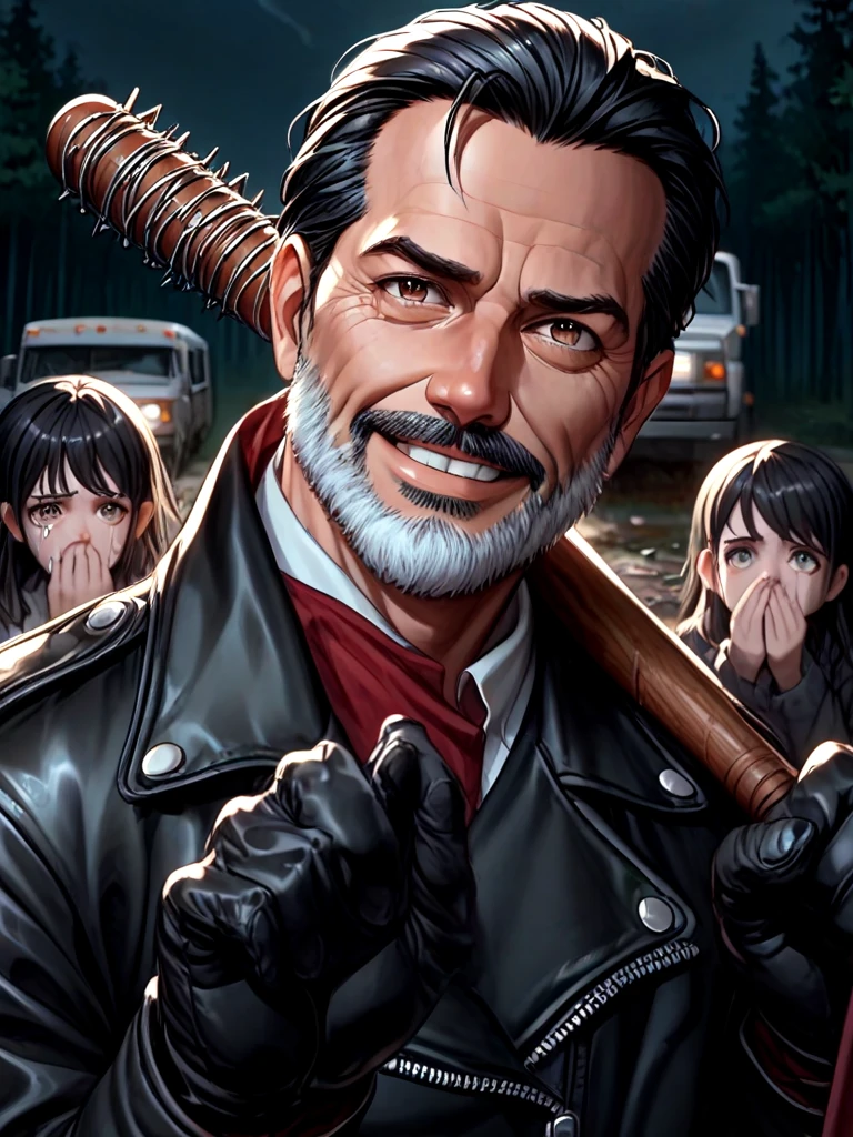 score_9, score_8_up, score_7_up, negan, 1guy, red scraf, black leather jacket, black gloves, narrow waist, 1girl, 2girls, multiple girls, fear, truck, night, forest, realistic, close-up, hand up, arm up, holding weapon, <lora:girlhatenegan_pony:1>