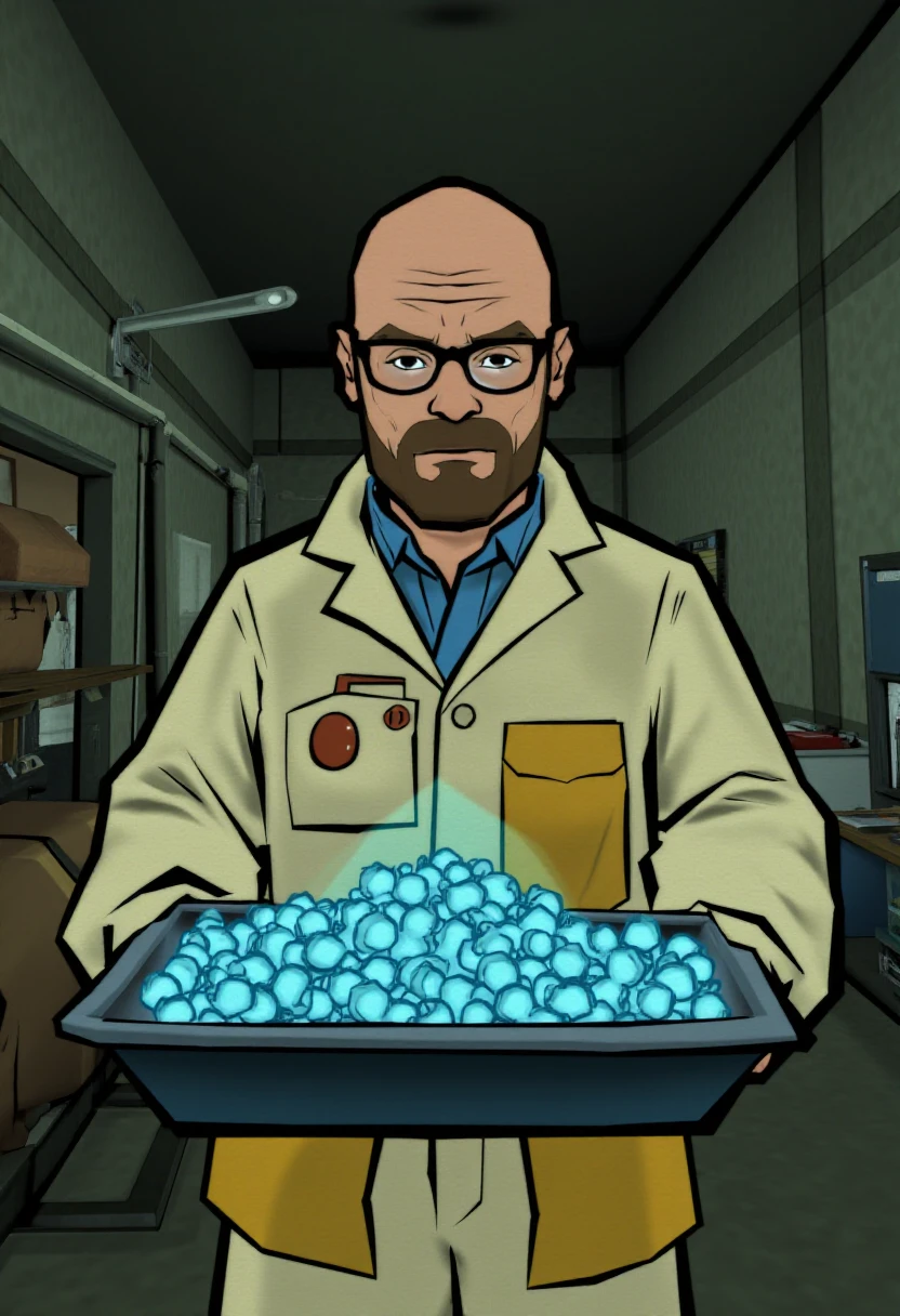 okamistyle, Walter White from Breaking Bad in a hazmat suit in and underground laboratory holding a tray full of small blue crystals.
