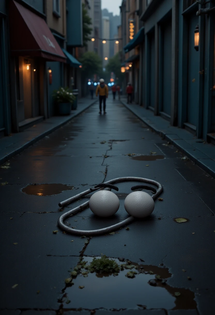 clippy lying asleep on the ground in a dark alley, in a puddle.    