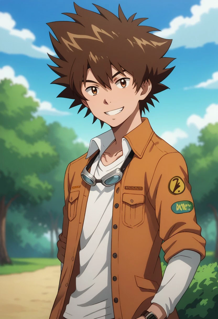 score_9, score_8_up, score_7_up, source_anime, highly detailed, 
taitri, 1boy, male focus, brown hair, solo, brown eyes, watch, shirt, spiked hair, wristwatch, goggles around neck, short over long sleeves, jacket, orange jacket, shirt, white shirt, smile, looking at viewer,
outdoor, sky, tree