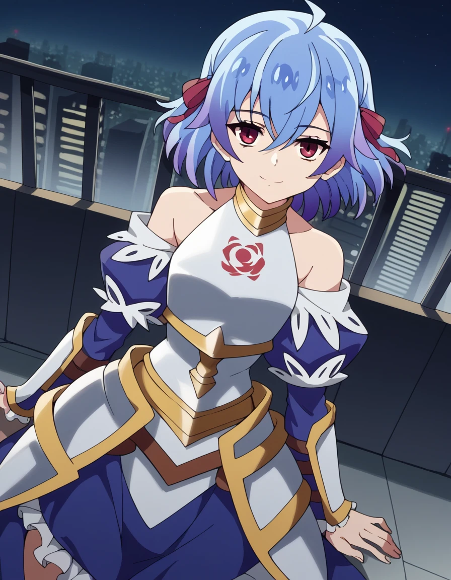 score_9, score_8_up, score_7_up, source_anime, <lora:ruti-ragnason-s1-ponyxl-lora-nochekaiser:1>, ruti ragnason, short hair, red eyes, ribbon, blue hair, hair ribbon, ahoge,, dress, bare shoulders, detached sleeves, armor, breastplate,, city skyline, rooftop view, night time, city lights, quiet reflection, smile, looking at viewer, knee bent, arm across chest, foot on ground, solo,, cowboy shot, dutch angle
