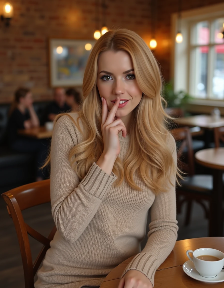 <lora:Lexi_Belle_Flux_r1:1> realistic photo of Lexibelle, long hair, wearing a sweater dress in a cafe having a coffee.