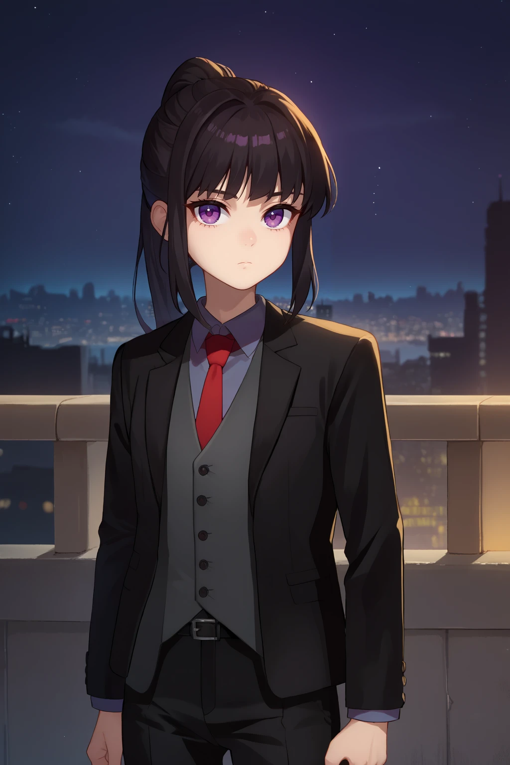 score_9, score_7_up, source_anime, cowboy shot, looking at viewer, expressionless, inetkn, long hair, black hair, purple eyes, ponytail, black jacket, red necktie, collared shirt, grey vest, black belt, black pants, outdoors, night, on roof, skyline, <lora:Hoseki_LycorisRecoil_TakinaInoue_PDXL_v1:1>