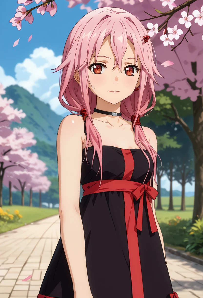 score_7_up, anime screencap,
<lora:GuiltyCrown_YuzurihaInoriXL:0.9>,
1girl, closed mouth, light smile,
long hair, pink hair, low twintails, hair between eyes, red eyes, hair ornament, hairclip,
InoriDress, bare shoulders, black dress, black choker, underbust, red ribbon,
standing, looking at viewer, thigh gap, 
blurry background,outdoors, blue sky, cherry blossoms