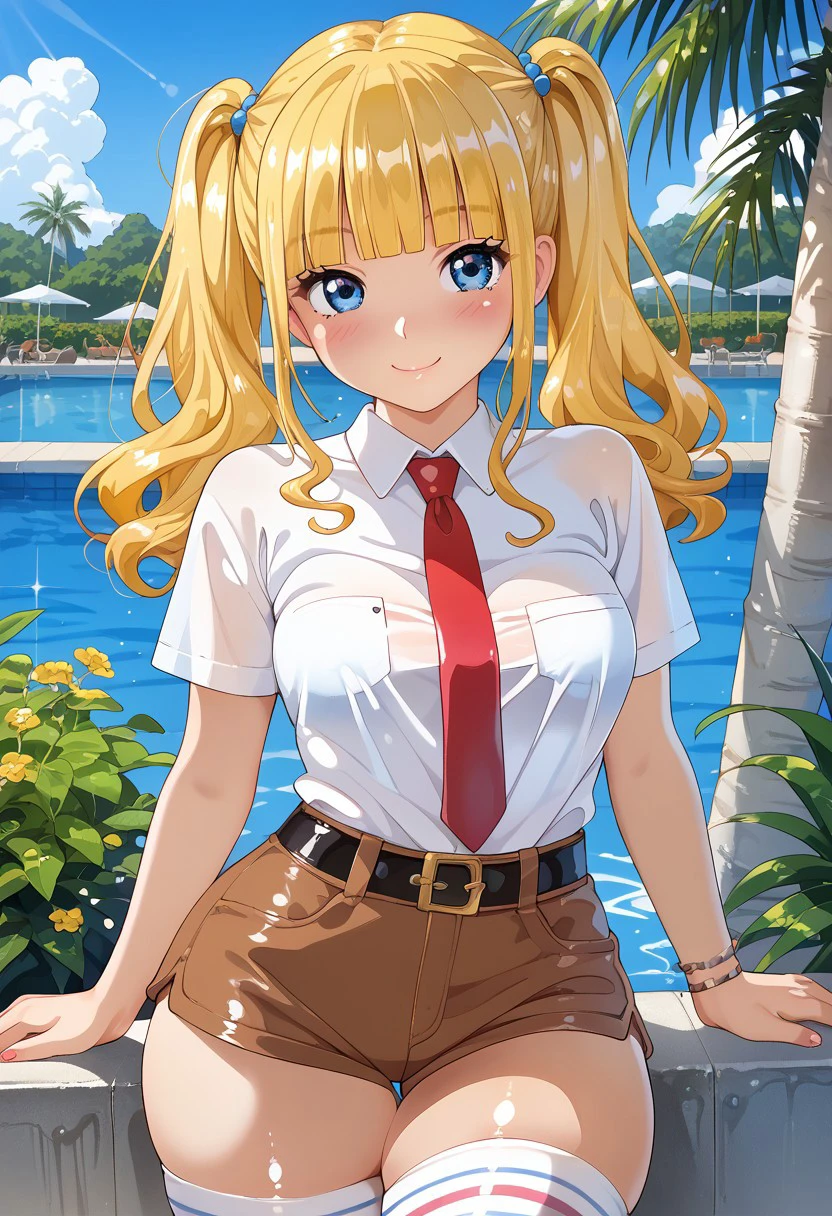 score_9, score_8_up, score_7_up, , shiny skin:0.1, source_anime, , deep skin,, high quality, highres, , 1girl, (curvy), ((wide hips)),, thick thighs, cute, , sexy, medium breasts, solo, SBSPGijinka, yellow hair, blue eyes, short sleeves, collared shirt, white shirt, red necktie, brown shorts, black belt, white Stockings, striped stockings, freckles, smile, twintails, blunt bangs, closed mouth, outside