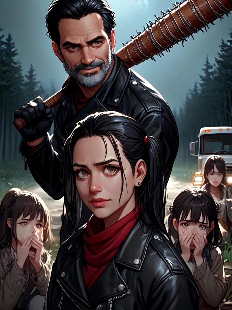 score_9, score_8_up, score_7_up, negan, 1guy, red scraf, black leather jacket, black gloves, narrow waist, two side up, 1girl, 2girls, multiple girls, fear, truck, night, forest, realistic, close-up, hand up, arm up, ((holding weapon)), <lora:girlhatenegan_pony:1>