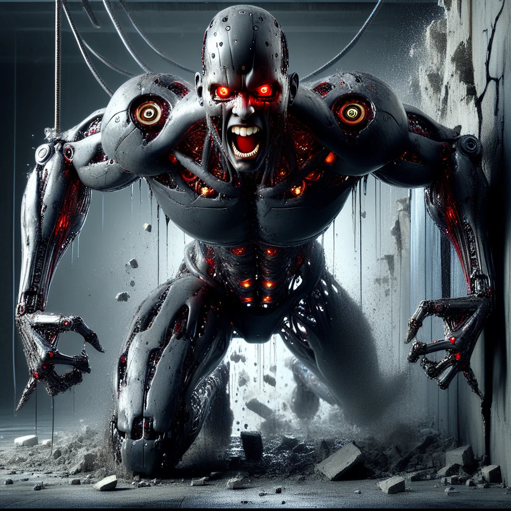 humanoid robot, 1boy, synthetic skin, exposed muscles, breaking through a concrete wall, dynamic pose, male focus, robot joints, dripping oil, grease, hyper-realistic, full body in frame, intricate mechanical components, solo, no humans present, bald head, glowing red eyes, intense expression, wide open mouth, visible teeth, extra arms, three mechanical arms, three hands, detailed mechanical fingers, mechanical legs, mechanical feet, barefoot, glowing red accents, scattered rubble, debris from wall, thick cables hanging, industrial setting, dark and gritty atmosphere, horror theme, cinematic lighting, high detail, immersive realism