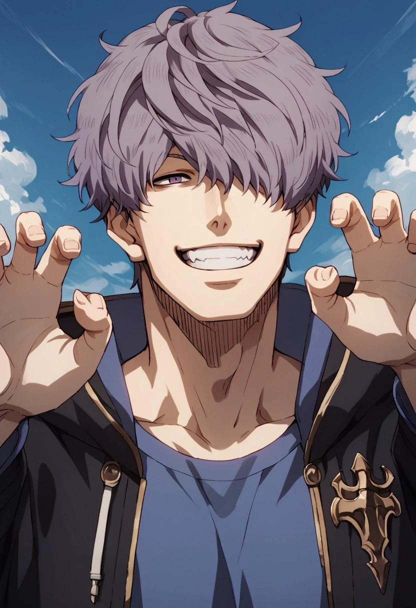 score_9,score_8_up,score_7_up,score_6_up,score_5_up, source_anime, teeth,claw pose, grinning,smile,detailed background, mature, man, male focus, 1boy, blue sky background, Grayish-purple hair, grayish-purple eyes, hair over one eye