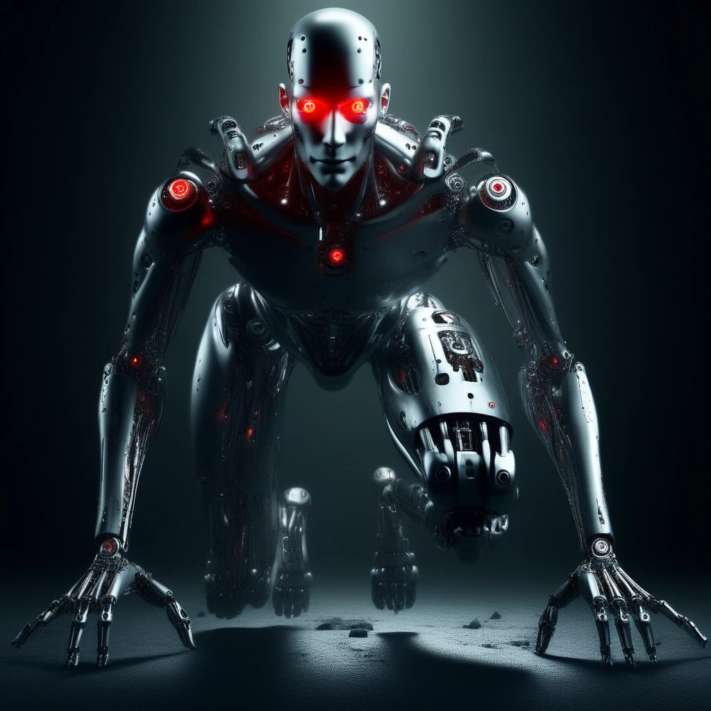 humanoid robot, chrome plated metallic frame, male focus, robot joints, realistic, full body, mechanical parts, solo, no humans, glowing, bald, glowing red eyes, looking directly at viewer, no nose, no mouth, emotionless, extra arms, 6 arms, mechanical arms, 6 hands, mechanical hands, open hands, mechanical fingers, mechanical legs, mechanical feet, barefoot, road, street, cars, dark, dust, nightmarish urban setting, horror (theme)