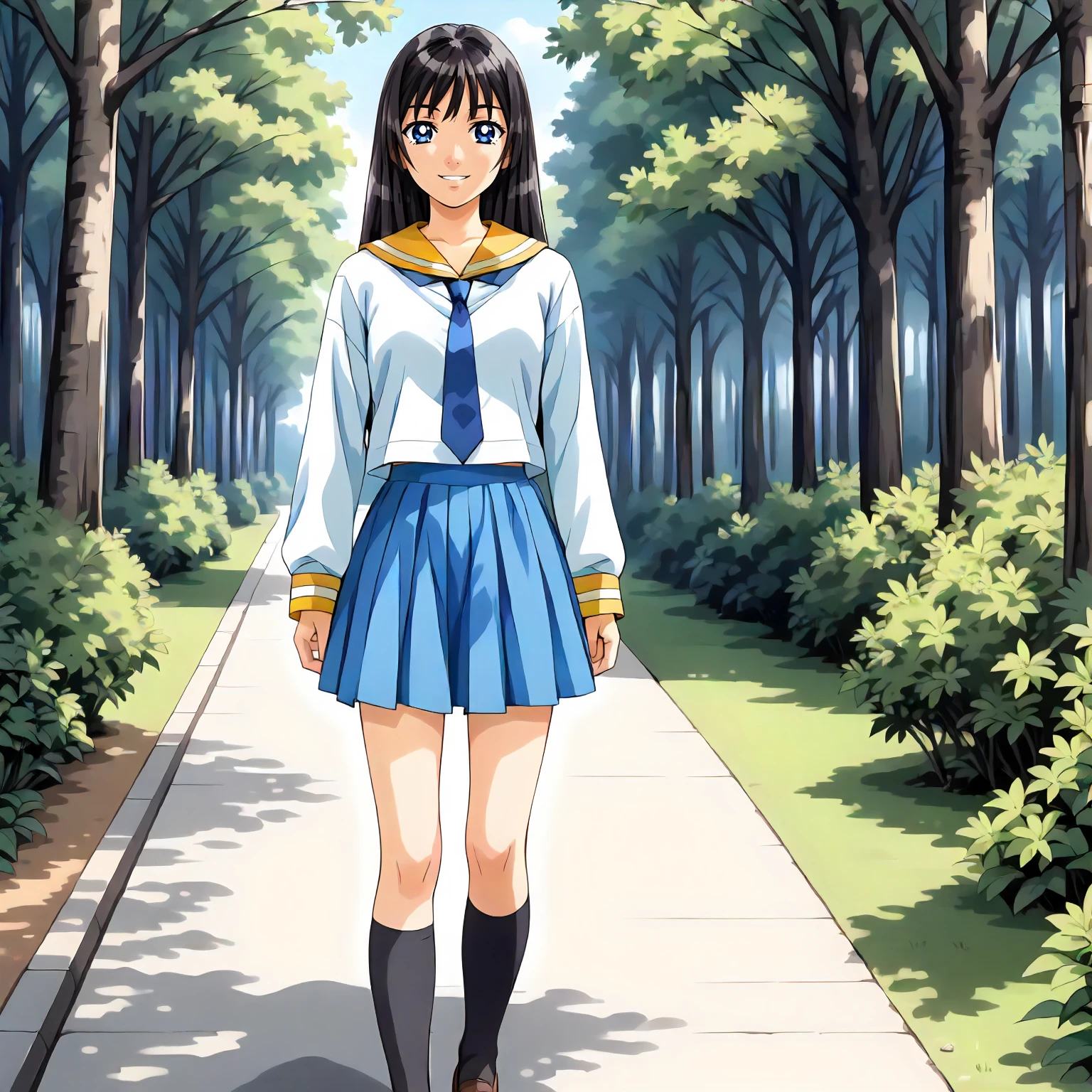 <lora:IS_RumiKitazawaXLpony002>,
outdoors,nature,
smile,
solo,
RumiKitazawa,1girl,black hair,long hair,blue eyes,
white shirt,yellow sailor color,blue tie,long_sleeves,
blue skirt,
black socks,
standing,