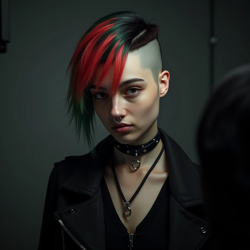 a detailed realistic photo of k3rosene standing in a photo studio being photgraphed. Her hair is styled in a short colorful undercut without sideburns and the shaved portions of her scalp are shaved completely. She is wearing Goth inspired clothing and has a nose ring and a leather choker. 
high detailed skin textures and a random expression on her face
 <lora:k3rosene:1>