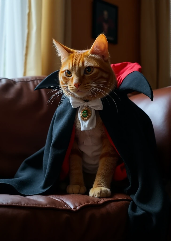 close up photo of xpanzudox orange cat sitting on a sofa wearing a dracula costume, inside a haunted mansion ,halloween,spooky,cinematic shot  <lora:Panzon_Gordinflon:0.9>