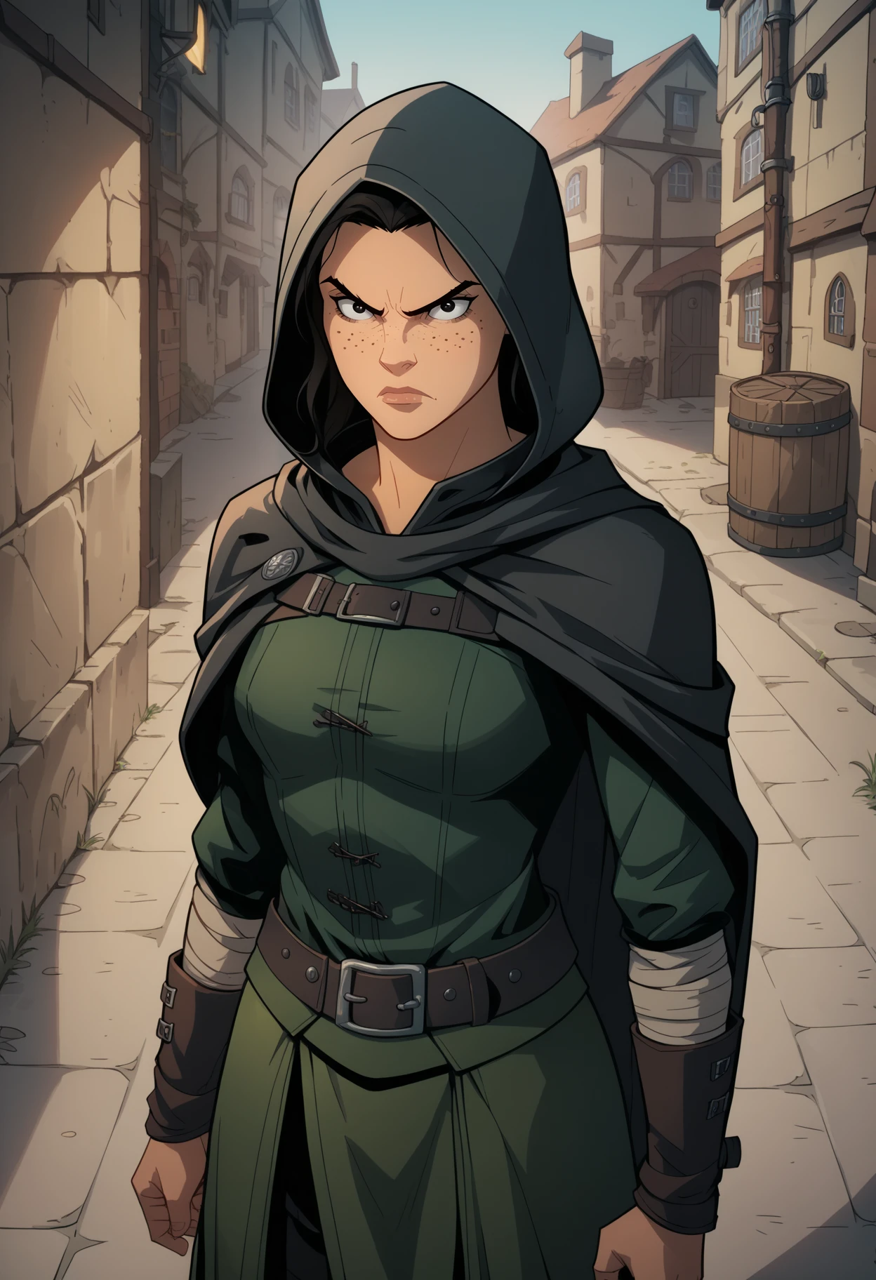 score_9, score_8_up, score_7_up, BREAK,
1girl, medieval fantasy, portrait, solo, tan, detailed pupils, black eyes, freckles, female rogue, thief, burglar, assassin, black tunic, skirt over pants, cape, hood, straps, leather belt, buckle, glaring, medieval town, street, alley, outdoors, night,   <lora:PhilBourrassaXLLocon:1>