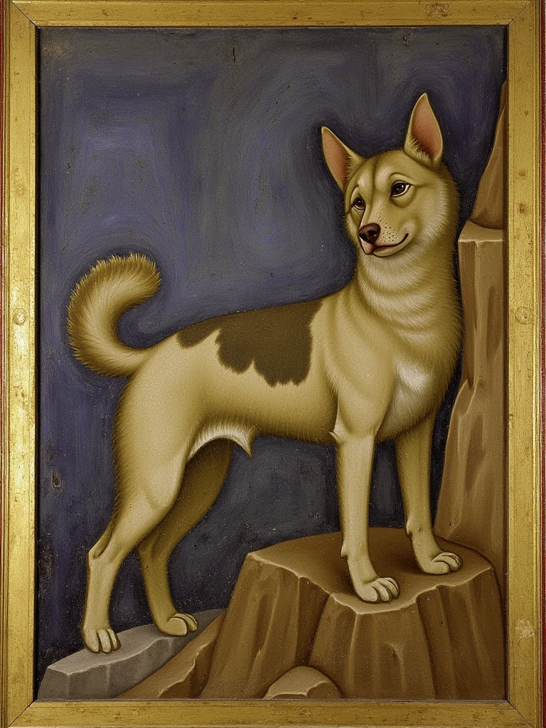 A medieval painting in the style of Giotto about a dog, outdoor, opposite a dark blue sky