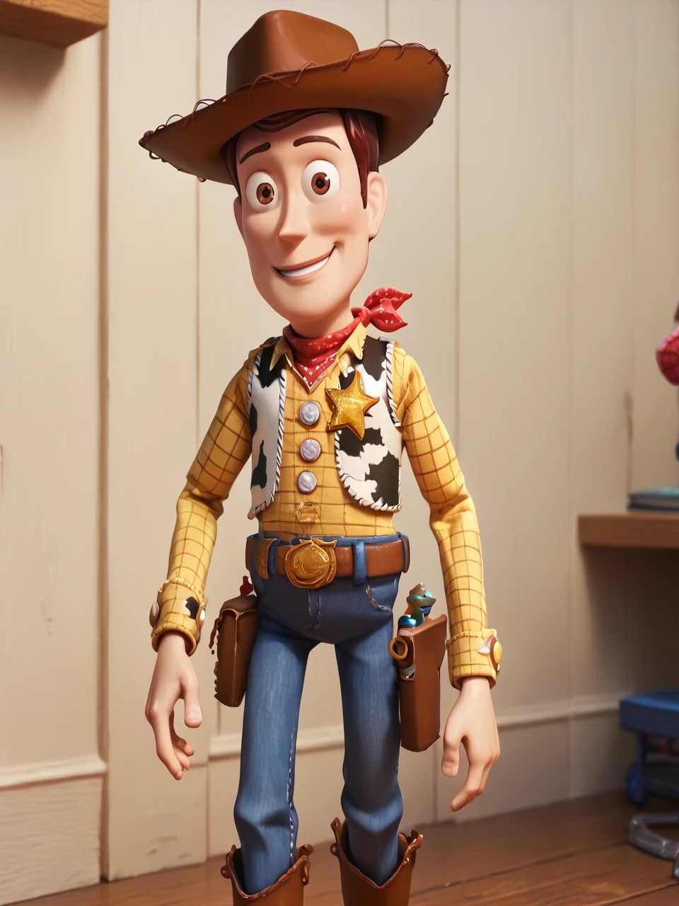 score_9, score_8_up, score_7_up, score_6_up, BREAK, ToyWoody, solo, 1boy, brown eyes, smile, looking at viewer, brown hair, cowboy hat, pants, belt, vest, yellow shirt, cowboy boots, red bandana, jeans, holster, sheriff badge <lora:Woody_Sheriff-000009:1>