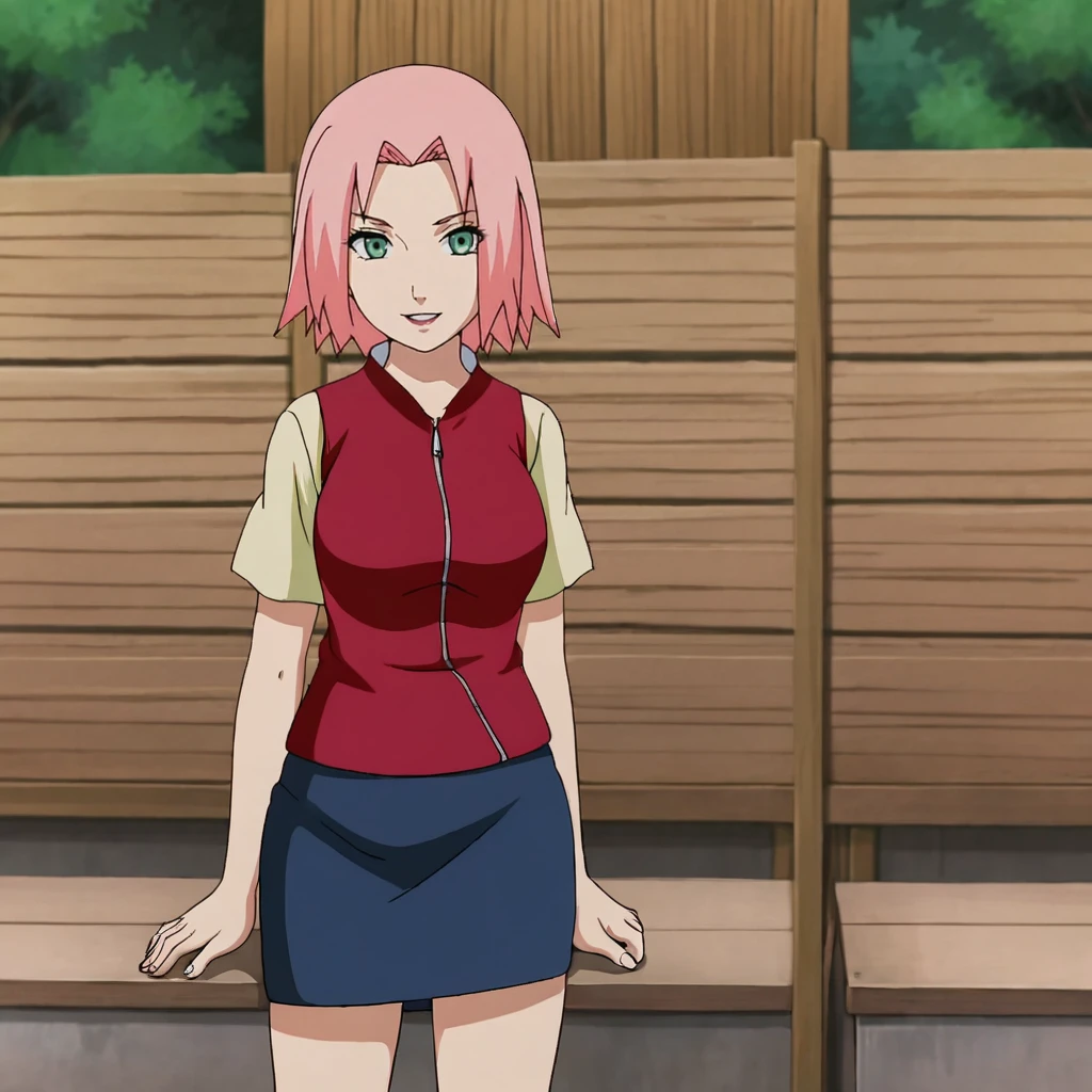 <lora:sakura_pony_v1:.8> SakuraCasualShipuuden, pink hair, 1girl, pencil skirt, large breasts, short hair, green eyes, short sleeves, vest, zipper