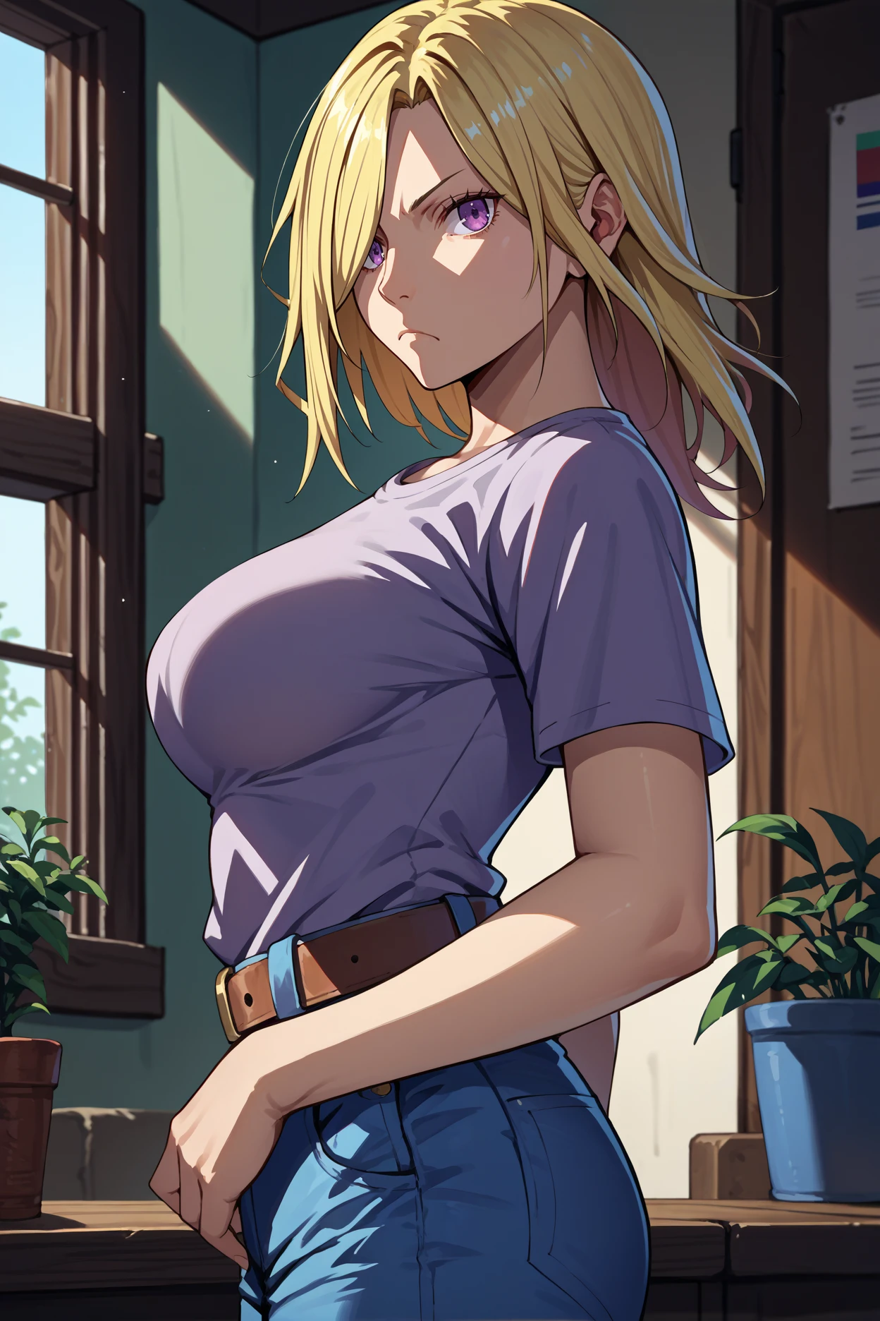 score_9, score_8_up, score_7_up, score_6_up, source_anime, 1girl, solo,  <lora:vorona-pdxl-nvwls-v1-000005:1> vrna, blonde hair, medium hair, hair over one eye, purple eyes, large breasts, looking at you, grey t-shirt, jeans, from side, belt, bored, indoors