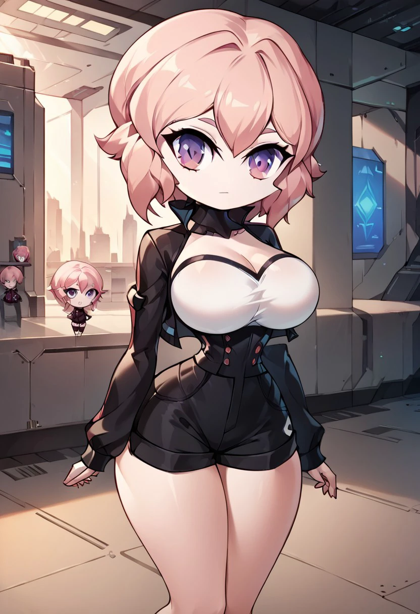 score_9, score_8_up, score_7_up, masterpiece, best quality, spaceship, Room, (very beautiful eyes, big thighs, thin waist, big breasts), 1girl, SAM, Pink hair, purple eyes, short hair, Jacket, shorts, chibi