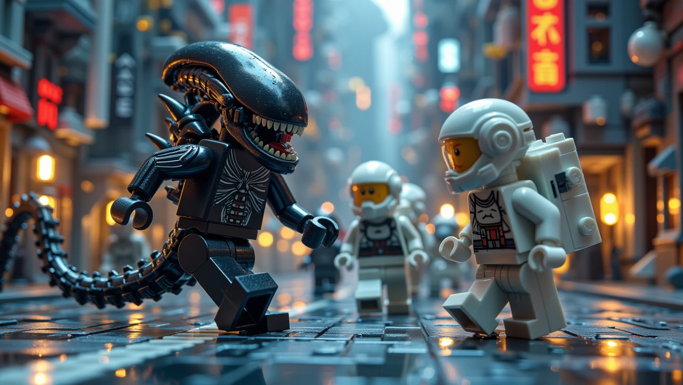 a Lego Xenomorph is running against spacemen in a futuristic city    <lora:Cinematic_Lego:0.6>