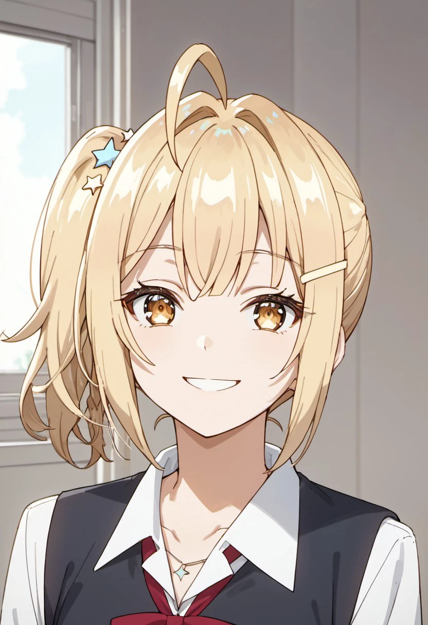 score_9, score_8_up, score_7_up, source_anime, nonoa miyamae, blonde hair, yellow eyes, 1girl, hair ornament, solo, side ponytail, star hair ornament, ahoge, school uniform, shirt, star (symbol), looking at viewer, smile, jewelry