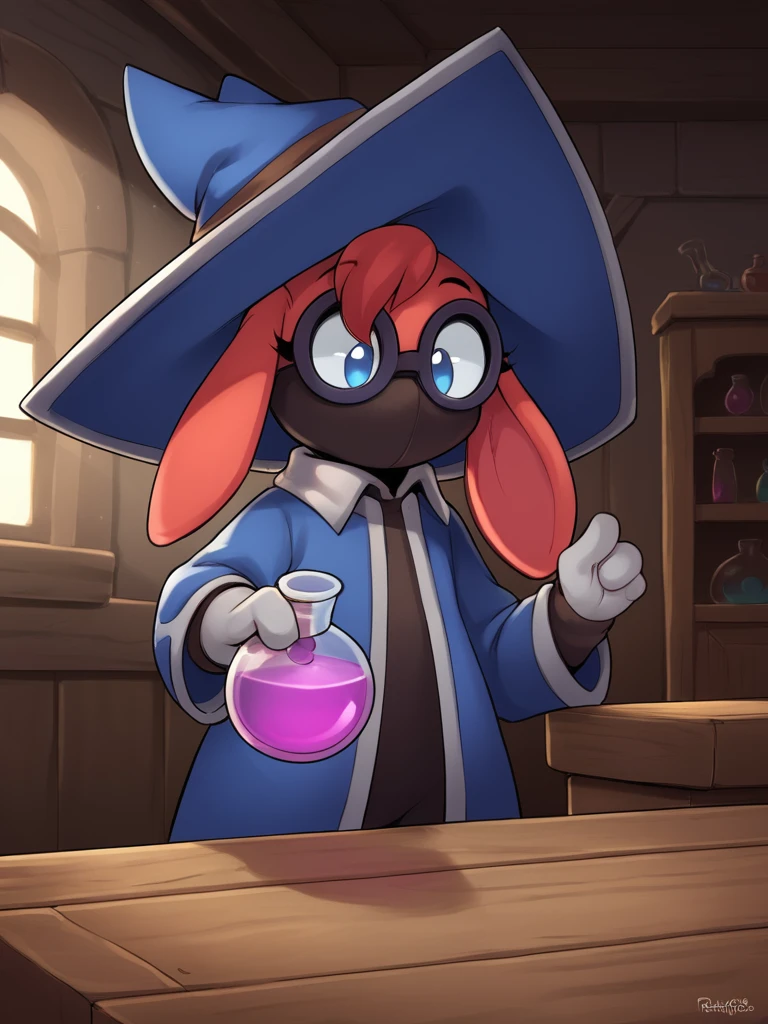 score_9, score_8_up, score_7_up, score_6_up, score_5_up, score_4_up, indoors, livingroom, moji, leipori, rabbit, red, skin, red fur, glasses, gloves, blue eyes, 1girl, 3 fingers, witch hat, mask, holding potion, close-up, cowboy shot, happy eyes, making potion