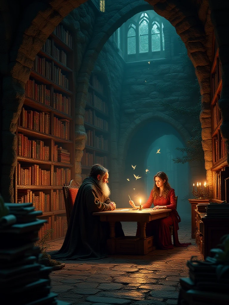 A magical library hidden deep within a castle, filled with towering shelves of ancient books and scrolls. A wise old sorcerer sits at a large wooden table, surrounded by glowing candles and floating quills. Nearby, a young apprentice diligently takes notes, while a curious princess peeks from behind a bookshelf, intrigued by the arcane knowledge being shared. , xplus  <lora:XPlus_fairy_v1:1>