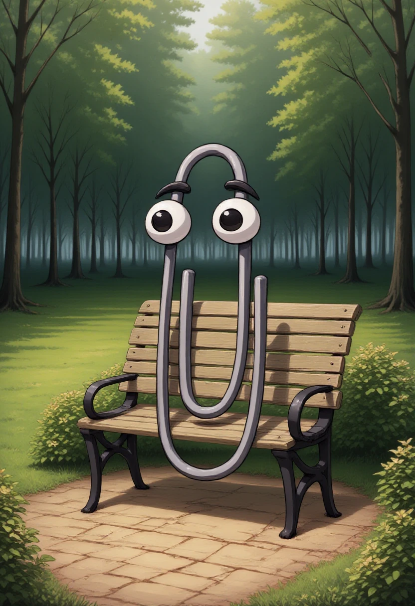 clippy on a bench in a park.    