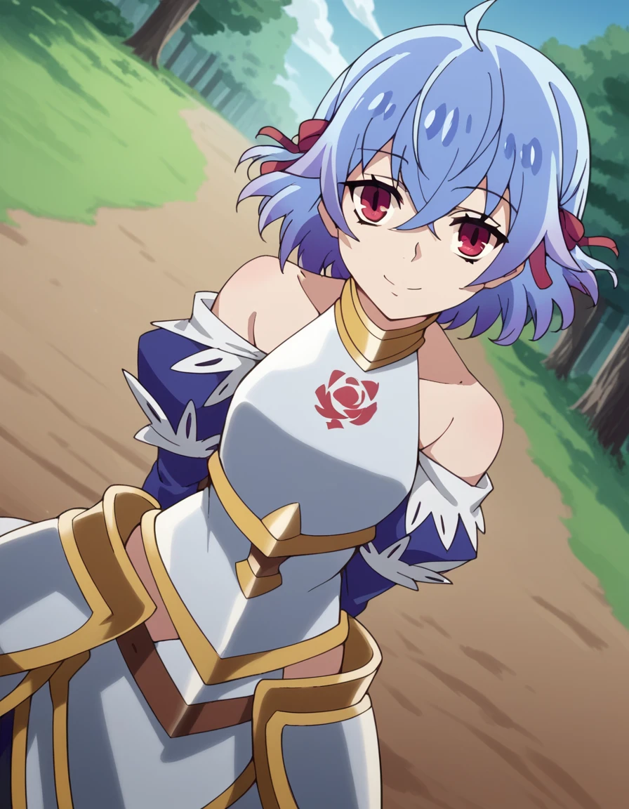 score_9, score_8_up, score_7_up, source_anime, <lora:ruti-ragnason-s1-ponyxl-lora-nochekaiser:1>, ruti ragnason, short hair, red eyes, ribbon, blue hair, hair ribbon, ahoge,, dress, bare shoulders, detached sleeves, armor, breastplate,, bike ride, countryside, dirt road, trees, afternoon sun, peaceful, alone, smile, looking at viewer, arm behind back, knee bent, foot pointed, solo,, cowboy shot, dutch angle