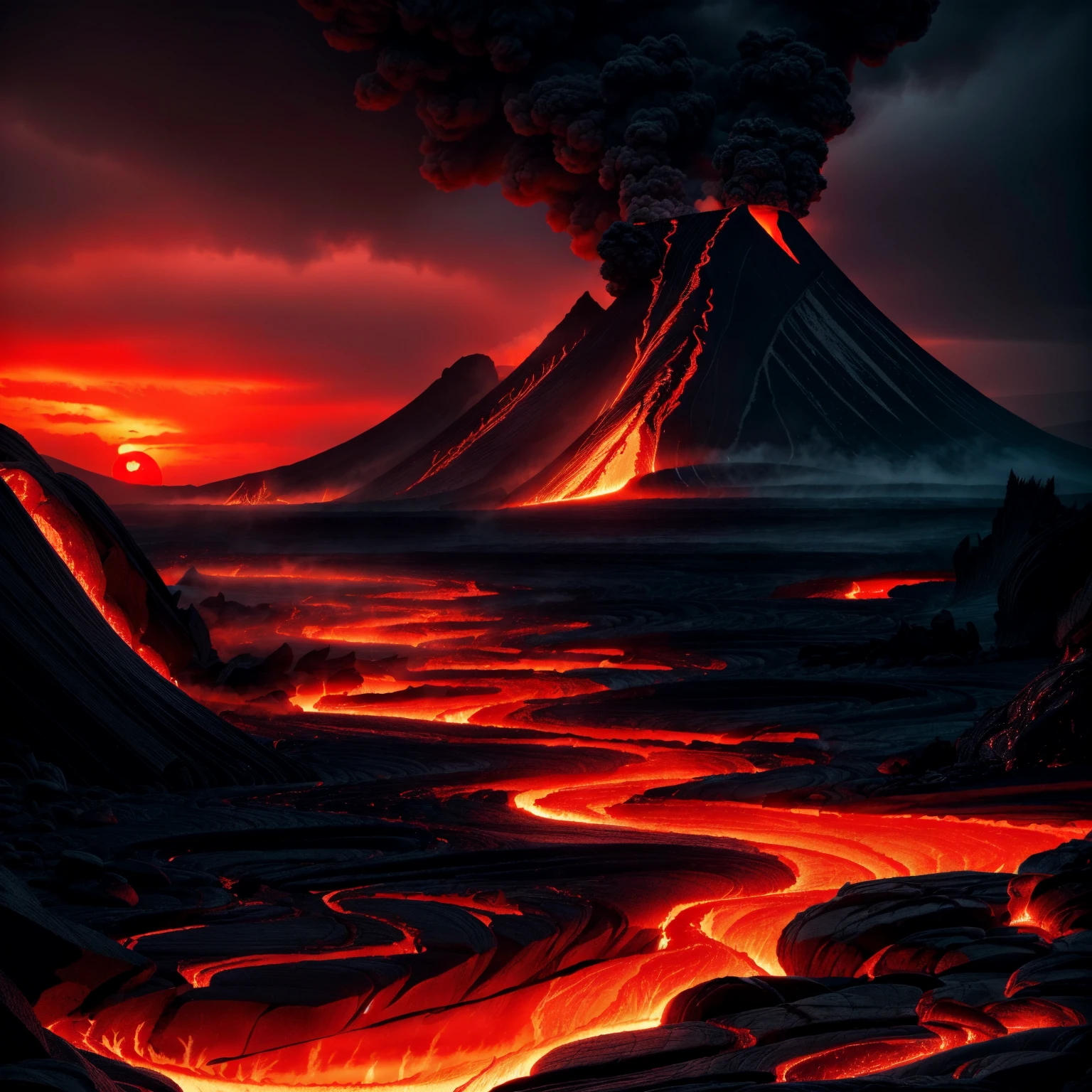 Role-playing game (RPG) style fantasy black craggy mountains, lava, red theme, setting sun, cloudy sky, <lora:firelap:0.8>, elementalplanefire, <lora:more_details:0.6>, high quality, highres, masterpiece, best quality, 8k, intricate, detailed, <lora:add_detail:0.6>, very detailed . Detailed, vibrant, immersive, reminiscent of high fantasy RPG games