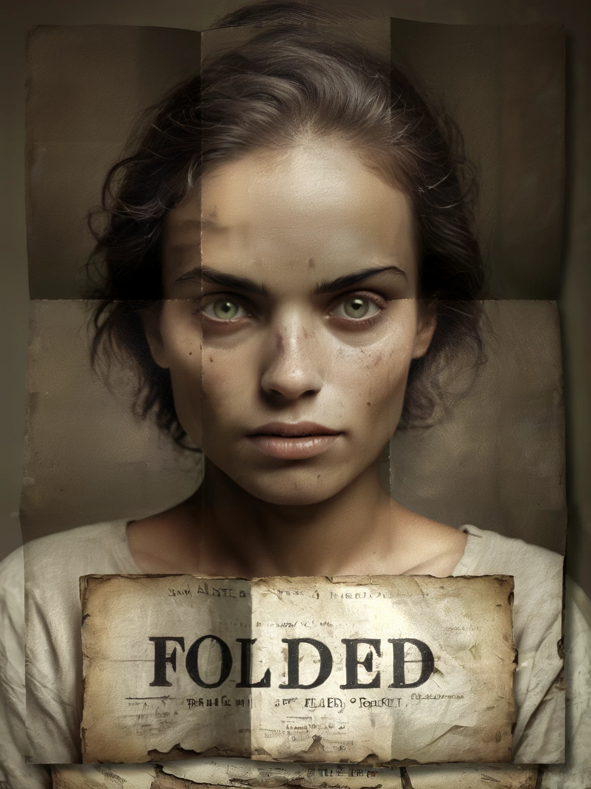 Aged wanted poster. Headline "Folded". (Text: "Folded"). Eerie eyes.

<lora:Folded01-01_CE_SDXL_128OT:1.2> fldpprCE