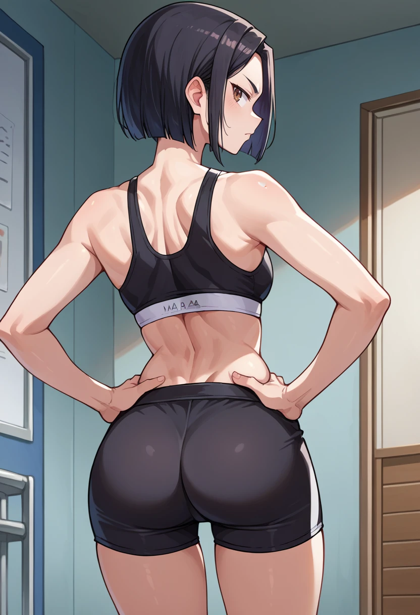 score_9, score_8_up, source_anime, 1girl, solo, YamadaSanae, black hair, brown eyes, short hair, from behind, looking back, hands on hips, sports bra, black shorts, ass, <lora:ChamYamadaSanaePonyXL:1>