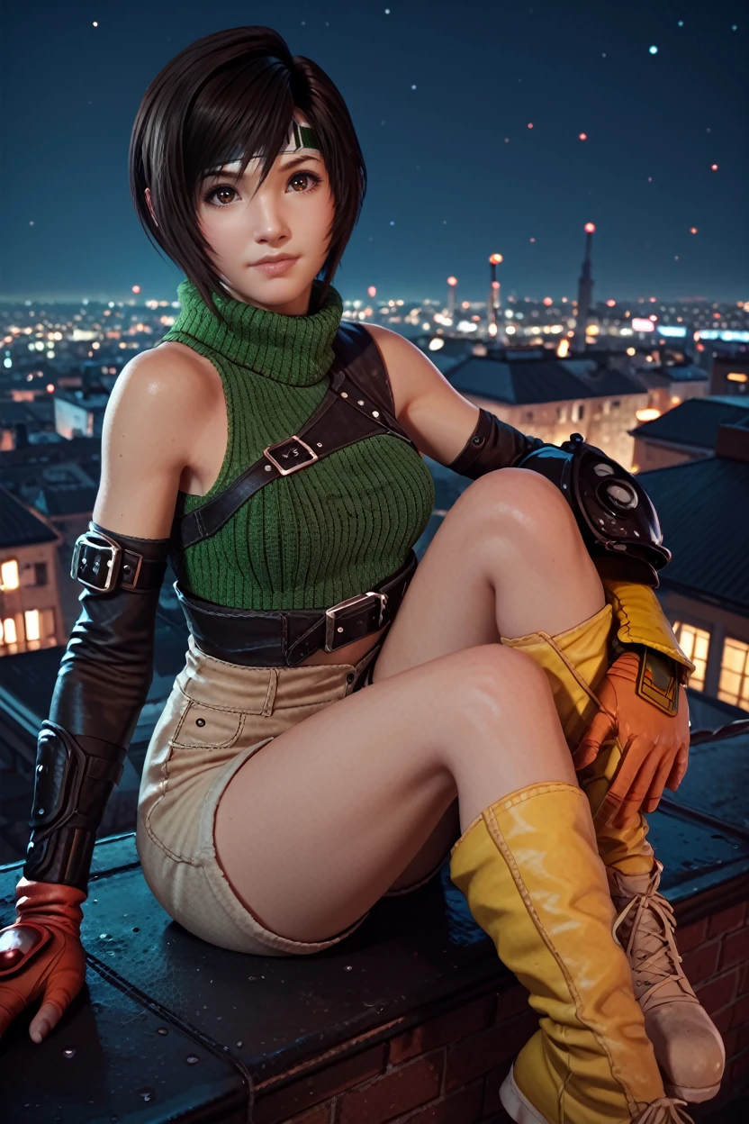 score_9, score_8_up, score_7_up, score_6_up
<lora:FFYuffie:1.0>
FFYuffie, 1girl, brown hair, short hair, brown eyes, looking at viewer, overlooking the city from a rooftop bar at night, chic outfit, sitting