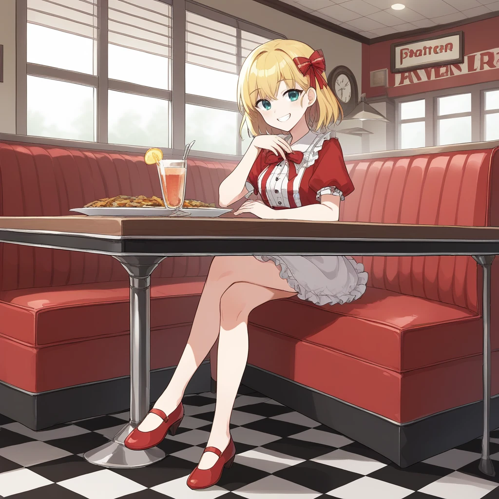 score_9, score_8_up, score_7_up, score_6_up, score_5_up, score_4_up, zPDXL2,source_anime,rating_questionable, cowboy shot,smile, looking at viewer, 1girl , dress, sitting on table, legs crossed <lora:Diner:0.8> d1ner, indoors, table, checkered floor, red booth chair, window