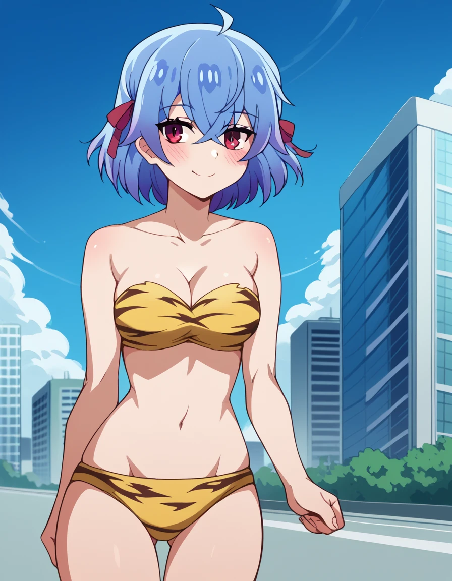 score_9, score_8_up, score_7_up, source_anime, <lora:ruti-ragnason-s1-ponyxl-lora-nochekaiser:1>, ruti ragnason, short hair, red eyes, ribbon, blue hair, hair ribbon, ahoge,, <lora:lum-cosplay-ponyxl-lora-nochekaiser:1>, lumcosplay, navel, cleavage, swimsuit, bikini, strapless, animal print, yellow bikini, tiger print, strapless bikini,, outdoors, cityscape, street, smile, blush,, , cowboy shot, dutch angle