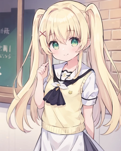 tsumugi,1girl,blonde hair,long hair,bangs,green eyes,twintails,x hair ornament,short sleeves,hair between eyes,looking at viewer,white shirt,smile,school uniform,blush,yellow sweater vest,pleated skirt,sailor collar,white skirt,puffy short sleeves,double_v,<lora:you-(1):0.9>,