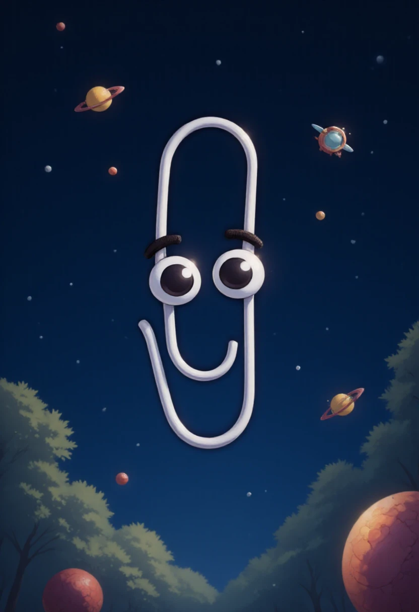 clippy paperclip, flying through space, among the stars and satellites,  looking calm.   