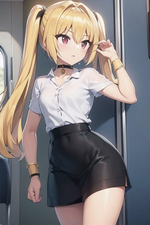 intricate details, finely detailed, <lora:Add Detail:0.4>, (masterpiece), best quality, high resolution, highly detailed, detailed background, thin, small size, ((curved)), colorful backgrounds, ((st_style)), blonde hair, twintails, on a train, looks thoughtfully out the window, white shirt with intricate details, black choker, black bracelet, black skirt, long black earrings