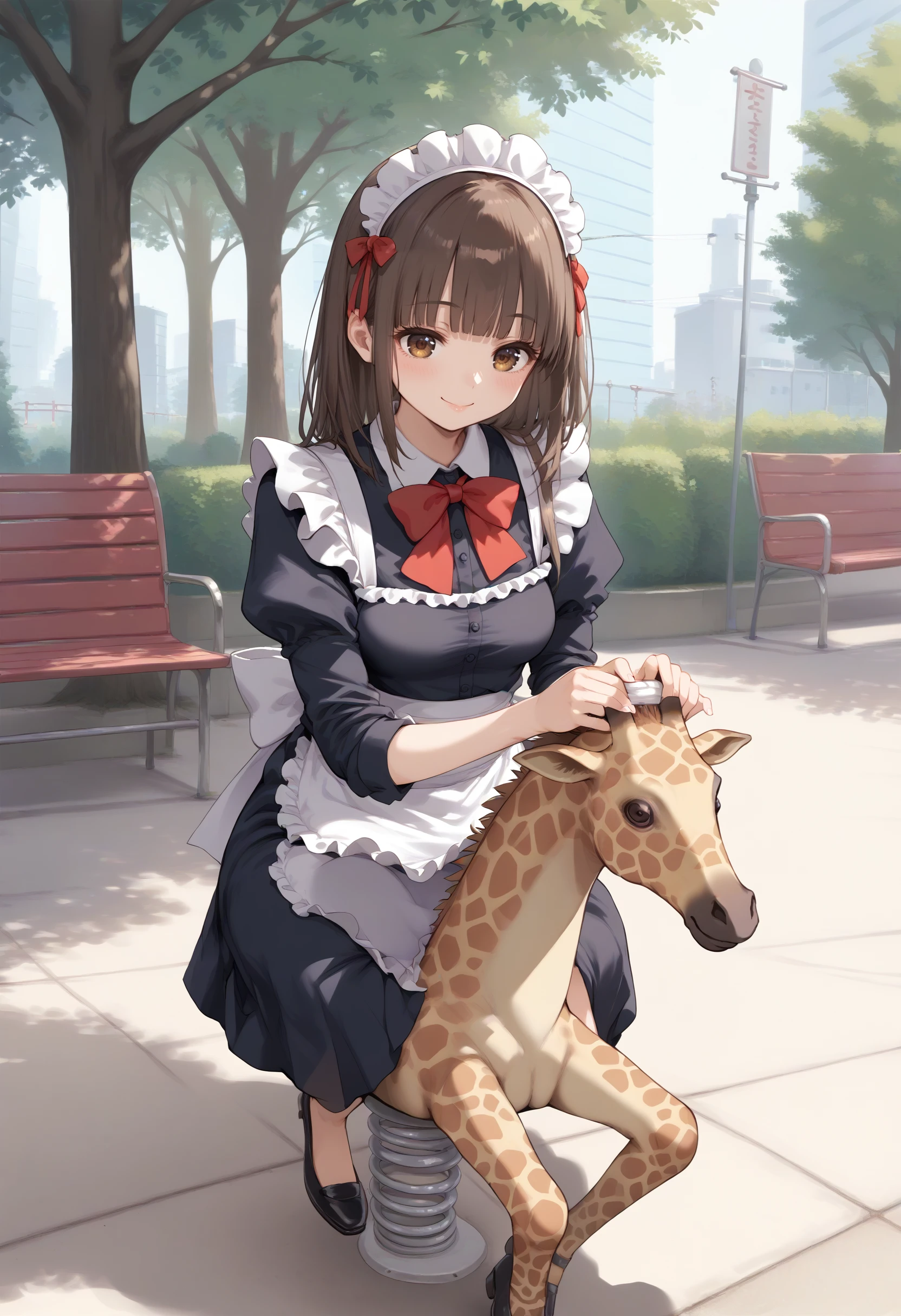 score_9, score_8_up, score_7_up, source_anime,
1girl,solo,medium breasts, maid, maid headdress,
spring rider,giraffe,sitting, shoes, riding, outdoors, holding, park,<lora:springrider_Pony_v1:0.8>
from above, portrait, looking to the side, brown hair, brown eyes,teasing smile, closed mouth, hime cut hair,,